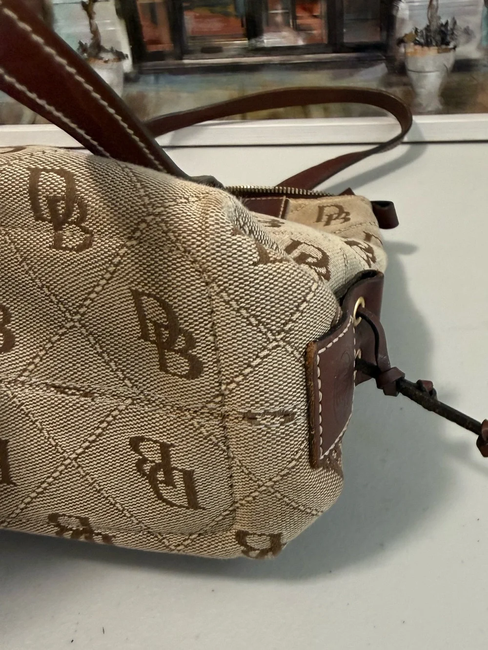 Dooney & Bourke Beige Monogram Quilted Tote with Brown Leather Trim